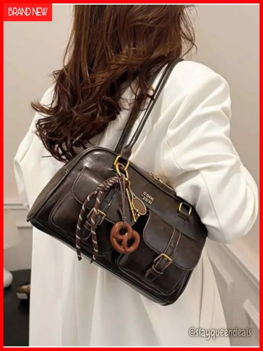 Vintage Faux Leather Hobo Shoulder Bag Women Y2K Purse Double Buckle Pockets